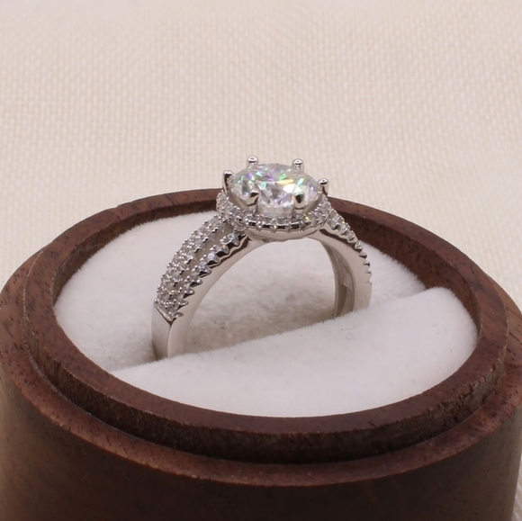 2 Carat Round Moissanite Platinum and Rhodium Plated 925 Silver Ring - Picture 10 of 14